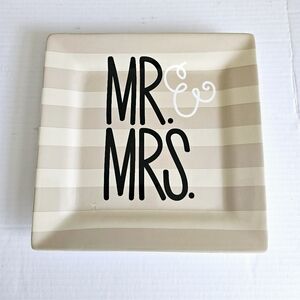 Coton Colors Mr. & Mrs. square plate platter neutral stripes ceramic 12 inches